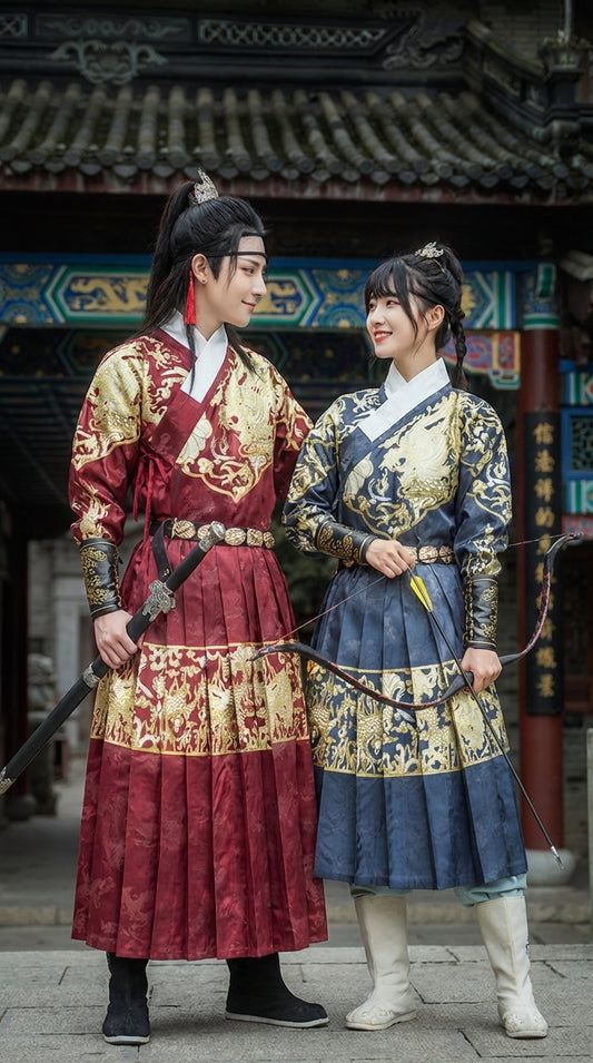 Wuxia-style gold-stamped round-neck Hanfu couple's outfit, ancient style chivalrous attire, flying fish dress