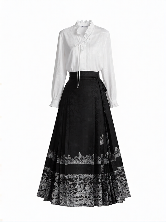 Traditional Chinese horse-face skirt | Black and white retro art print (modern retro style)