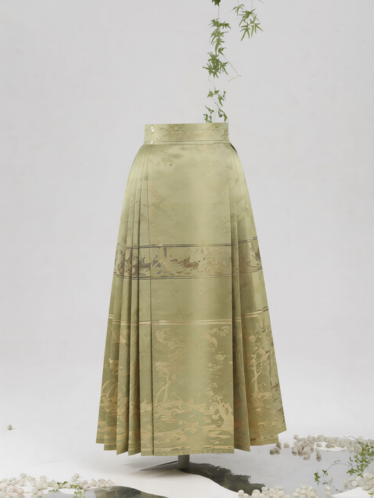 New Chinese Style Horse-Face Skirt | Light Tea Green Traditional Chinese Print - Versatile for Everyday Commute & Light Socializing