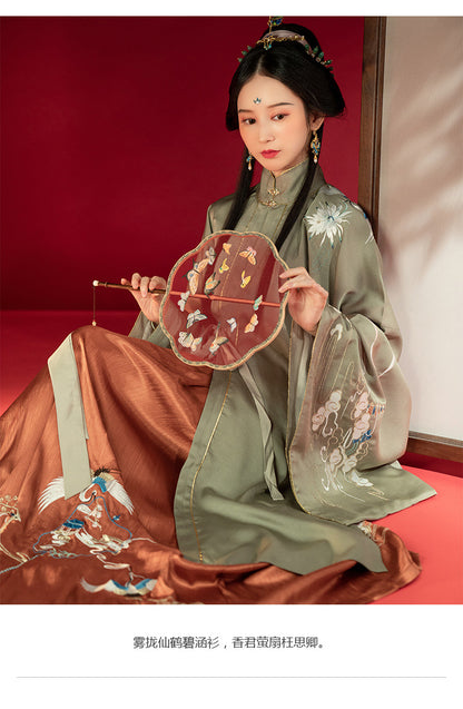 Mist-shrouded crane-patterned blue-gray Ming-style Hanfu vermilion red horse-face skirt 