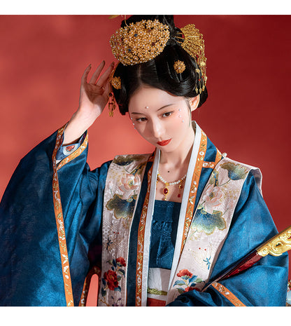 Song Dynasty Hanfu Set | Navy Blue Wide-Sleeved Top + Vermilion Horse-Face Skirt, Song Dynasty Style Floral and Bird Embroidered Formal Wear 
