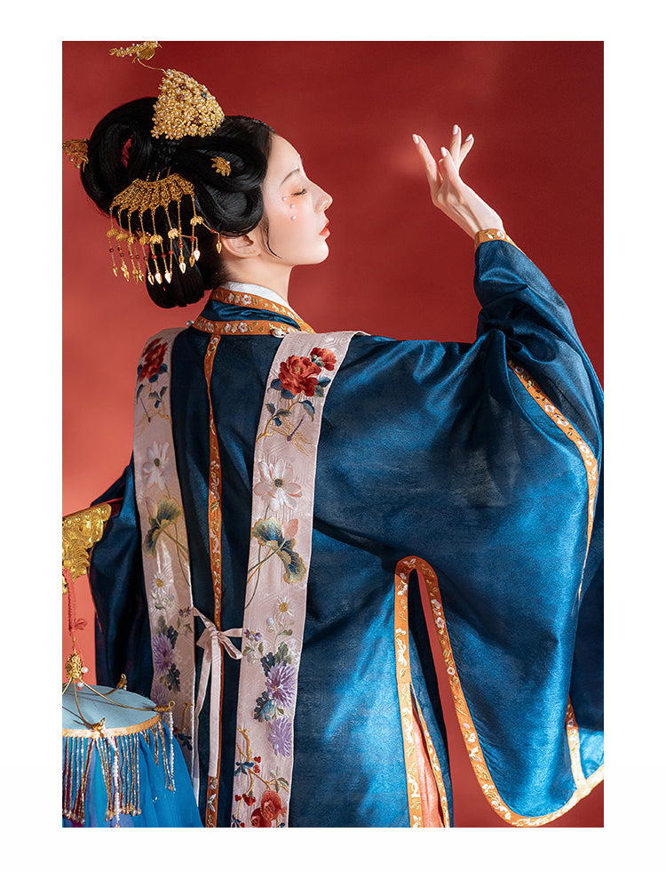 Song Dynasty Hanfu Set | Navy Blue Wide-Sleeved Top + Vermilion Horse-Face Skirt, Song Dynasty Style Floral and Bird Embroidered Formal Wear 