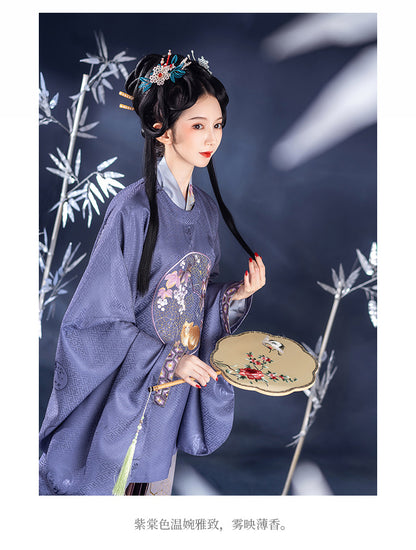Ming Dynasty Hanfu Set | Misty Blue Round Neck Shirt + Gold-embroidered Horse Face Skirt, Cute "Greedy Cat" Embroidered Everyday Style 