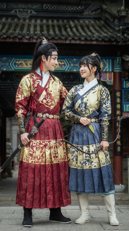 Wuxia-style gold-stamped round-neck Hanfu couple's outfit, ancient style chivalrous attire, flying fish dress 