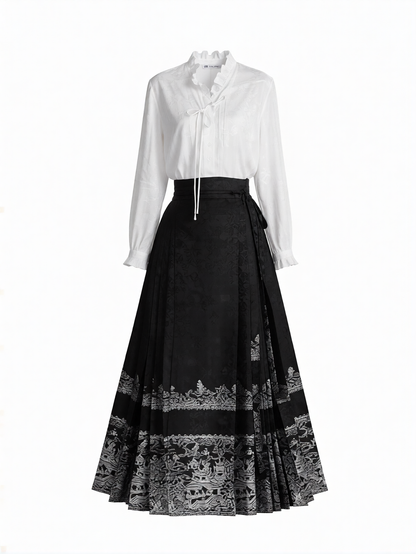 Traditional Chinese horse-face skirt | Black and white retro art print (modern retro style) 