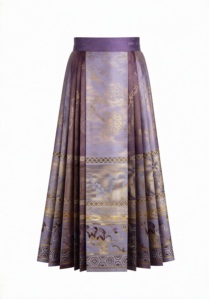 Ming Dynasty Hanfu Set | Misty Blue Round Neck Shirt + Gold-embroidered Horse Face Skirt, Cute "Greedy Cat" Embroidered Everyday Style 