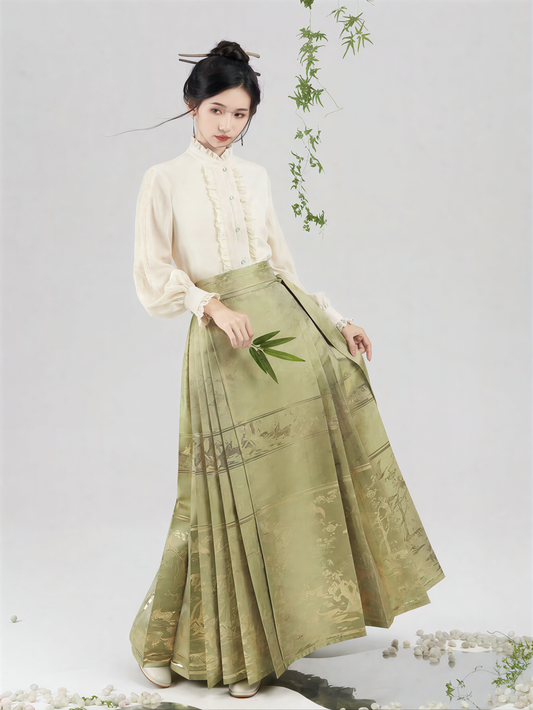 New Chinese Style Horse-Face Skirt | Light Tea Green Traditional Chinese Print - Versatile for Everyday Commute &amp; Light Socializing 