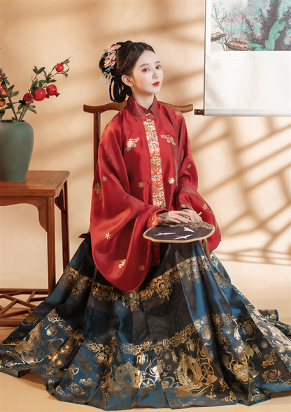 Ming Dynasty Hanfu Formal Wear | Bright red stand-up collar short jacket + gold-embroidered horse-face skirt, luxurious and festive style 