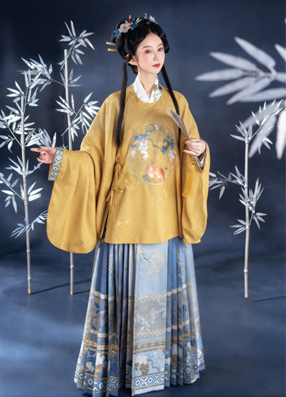 Ming Dynasty Hanfu | Autumn Fragrance Yellow Round Neck Shirt + Gradient Blue Horse Face Skirt: Elegant Chinese Style Set 