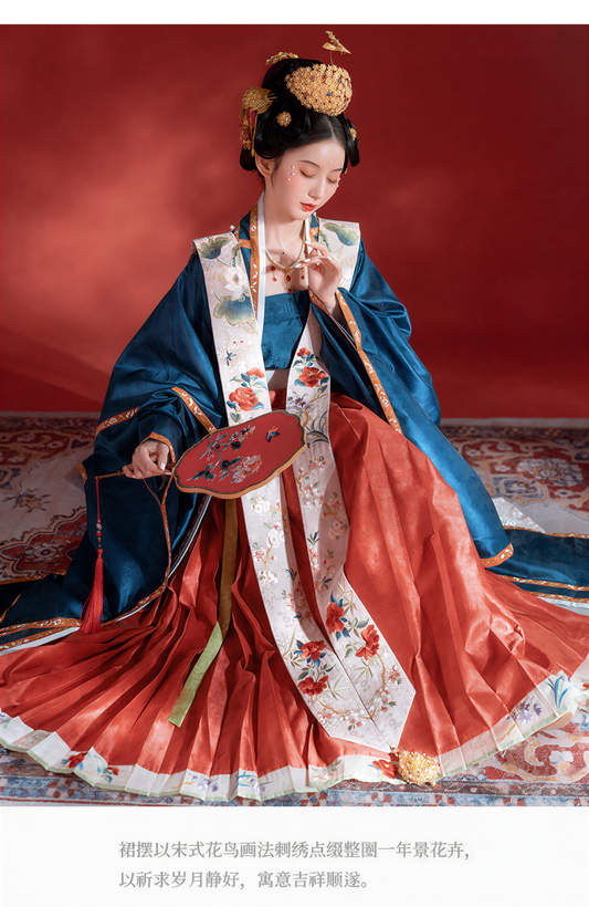 Song Dynasty Hanfu Set | Navy Blue Wide-Sleeved Top + Vermilion Horse-Face Skirt, Song Dynasty Style Floral and Bird Embroidered Formal Wear 